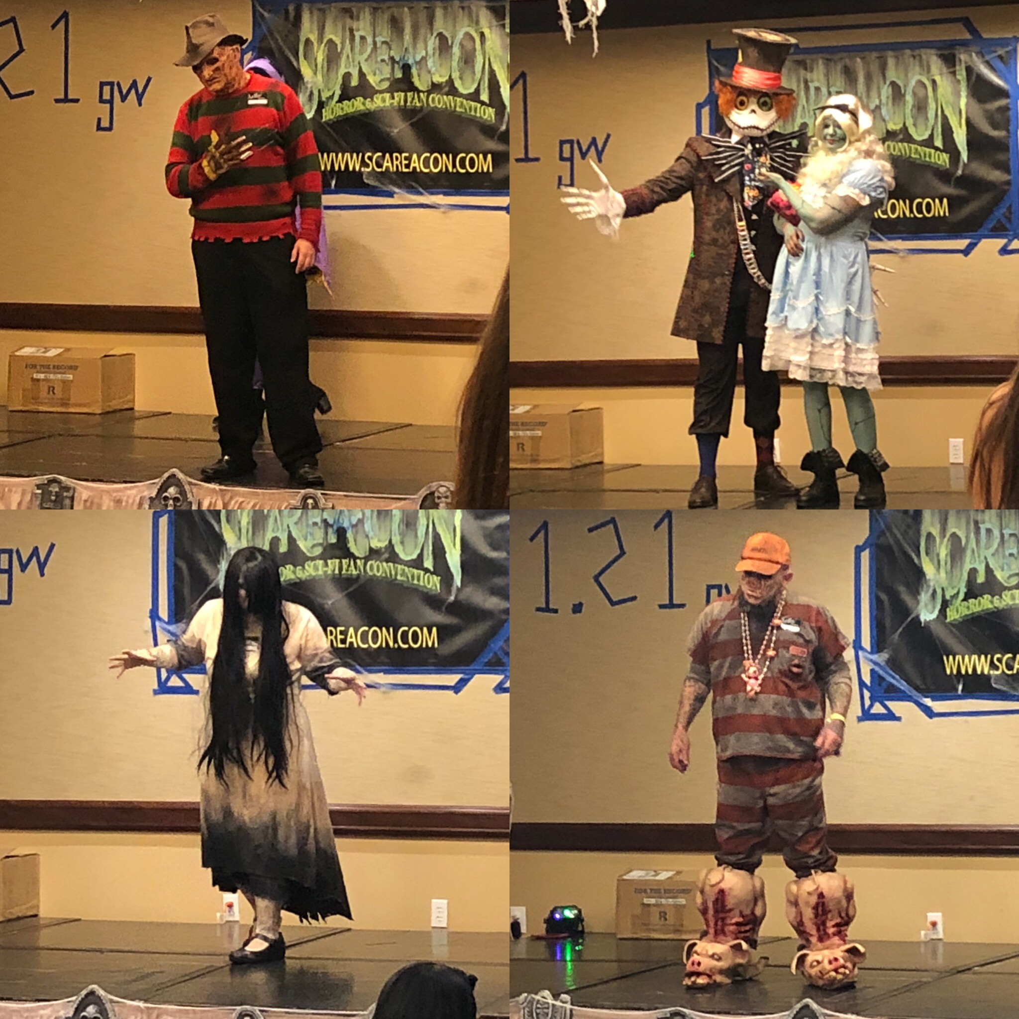 Four images of people in horror costumes for a costume contest